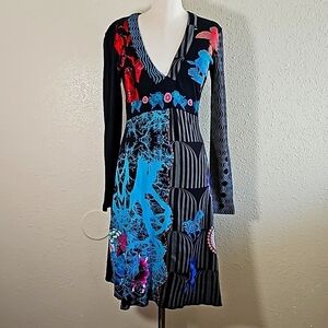 Desigual Multi Color Print Long Sleeve Black Midi Dress